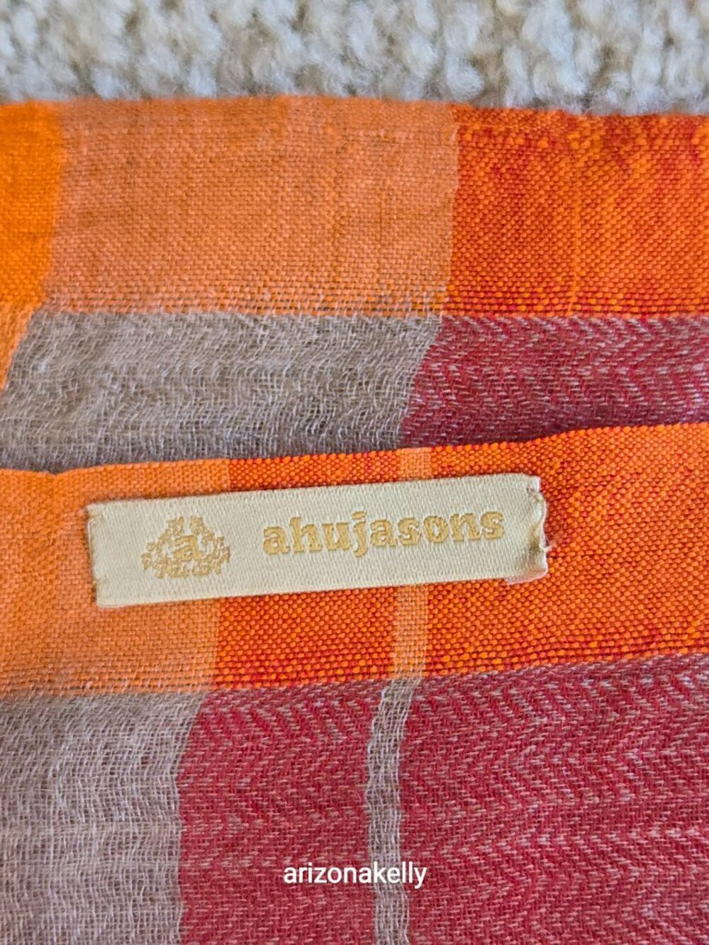 Ahujasons Cashmere Red, Grey, and Orange Plaid Scarf - Picture 4 of 16